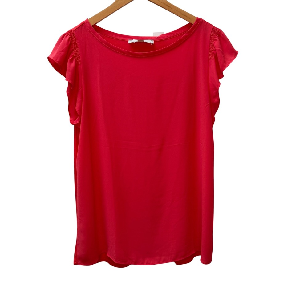 LOFT Womens Coral Red Flutter Sleeve Mixed Media Scoop Neck Top Small NWT 530580